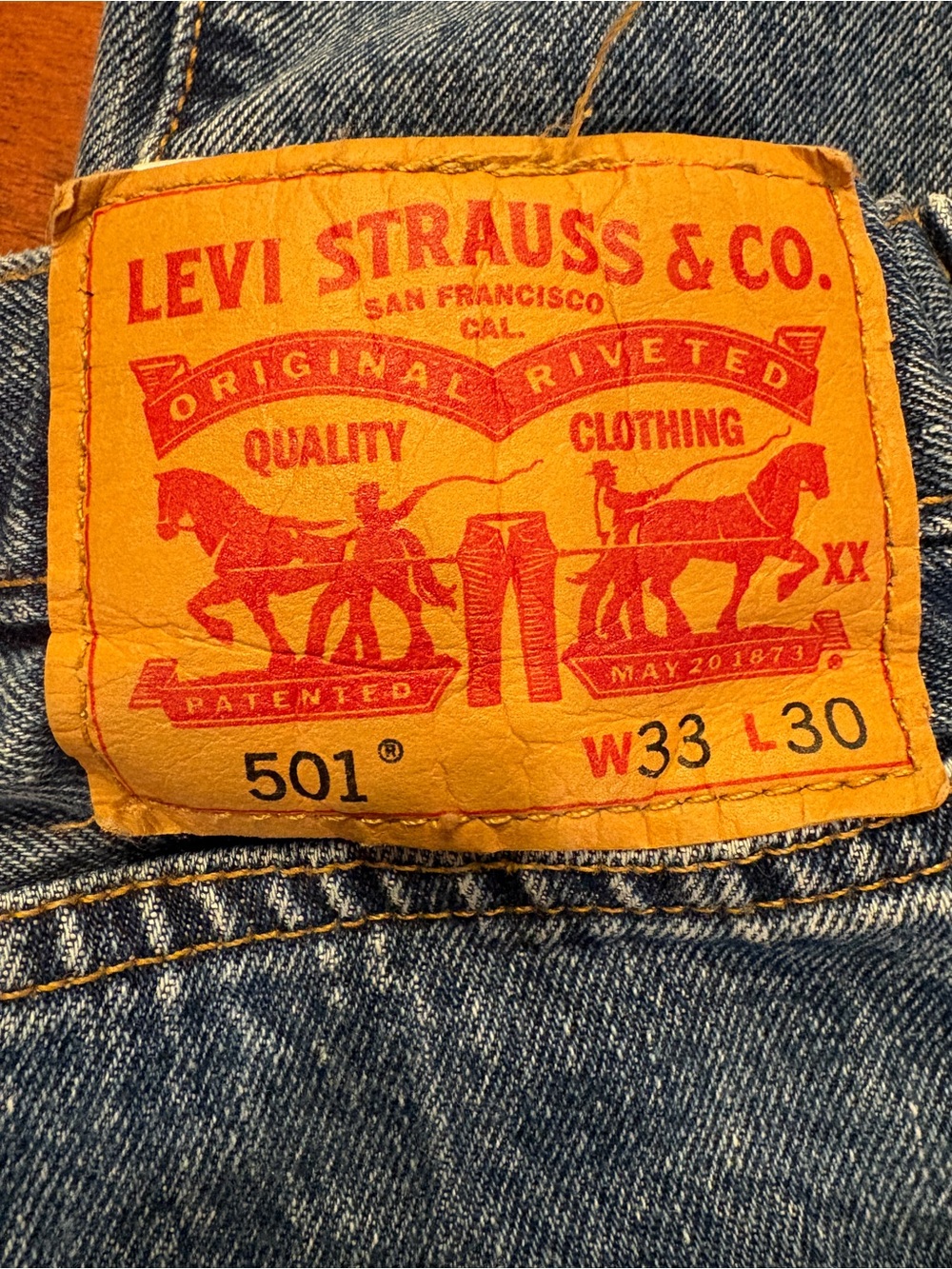 Levi's 501 Classic Blue Denim Jeans with Tan Leather Patch